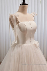 Noble And Unique White Pearl Sleeveless Off Shoulder Bow Ball Dress With White Thin Shoulder Strap Off Back Tie And Floor Length Tail Evening Dress